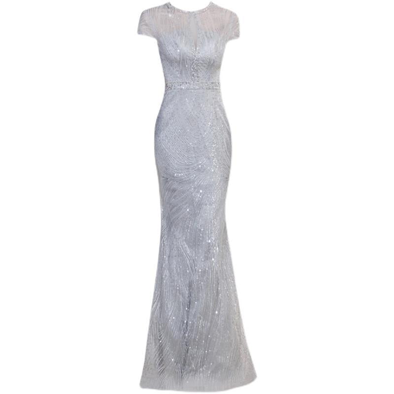 Women’s Elegant Short Sleeve Silver Cocktail Dress with Long Skirt S-3XL - Wazzi's Wear