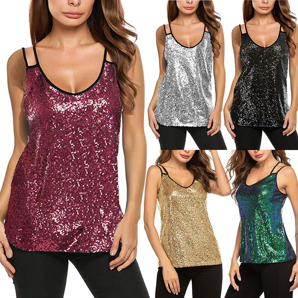 Women’s Sparkly V-Neck Sleeveless Sequin Top