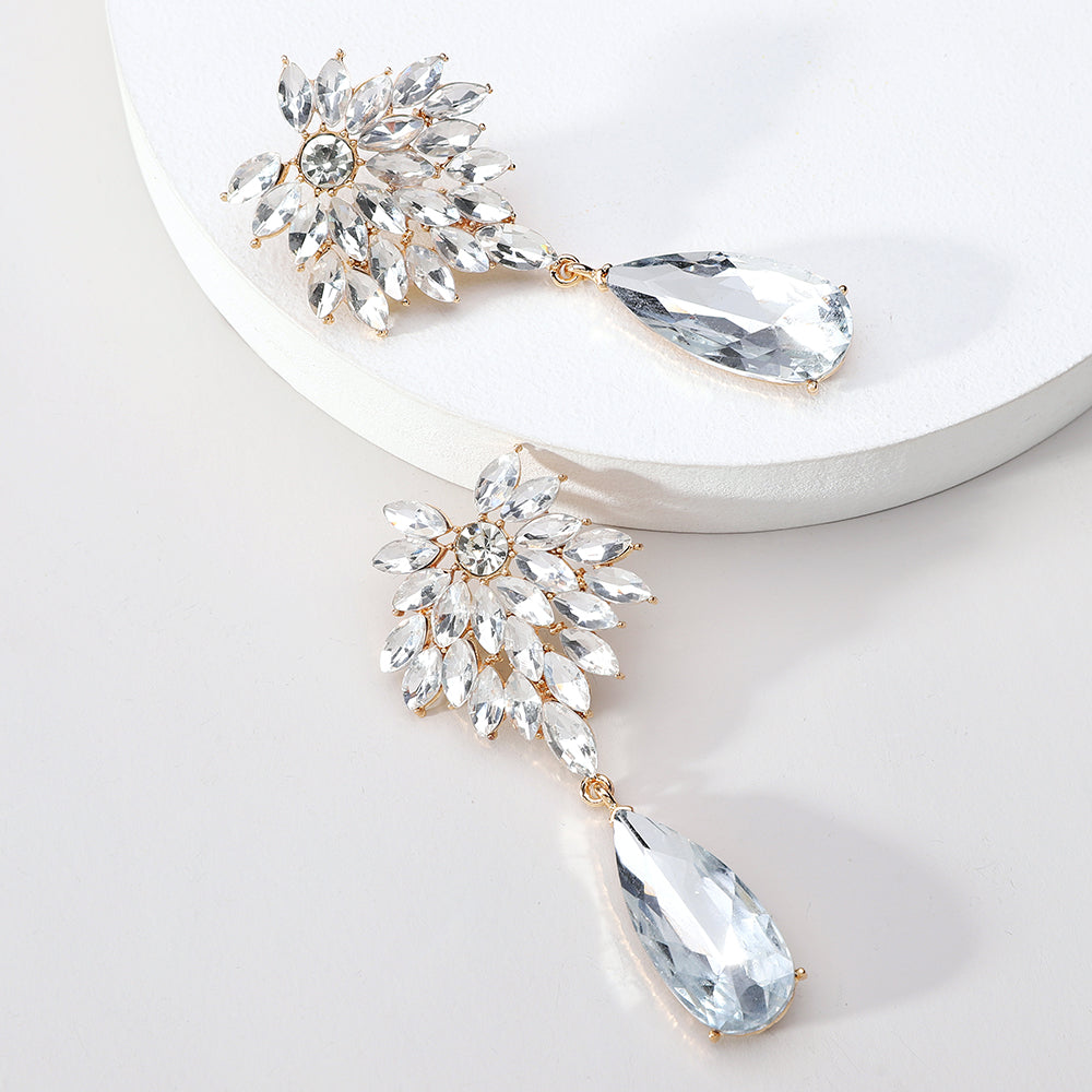 Floral Crystal Teardrop Dangle Earrings Statement Rhinestone Drop Jewelry For Women Party Wedding Bridal Prom