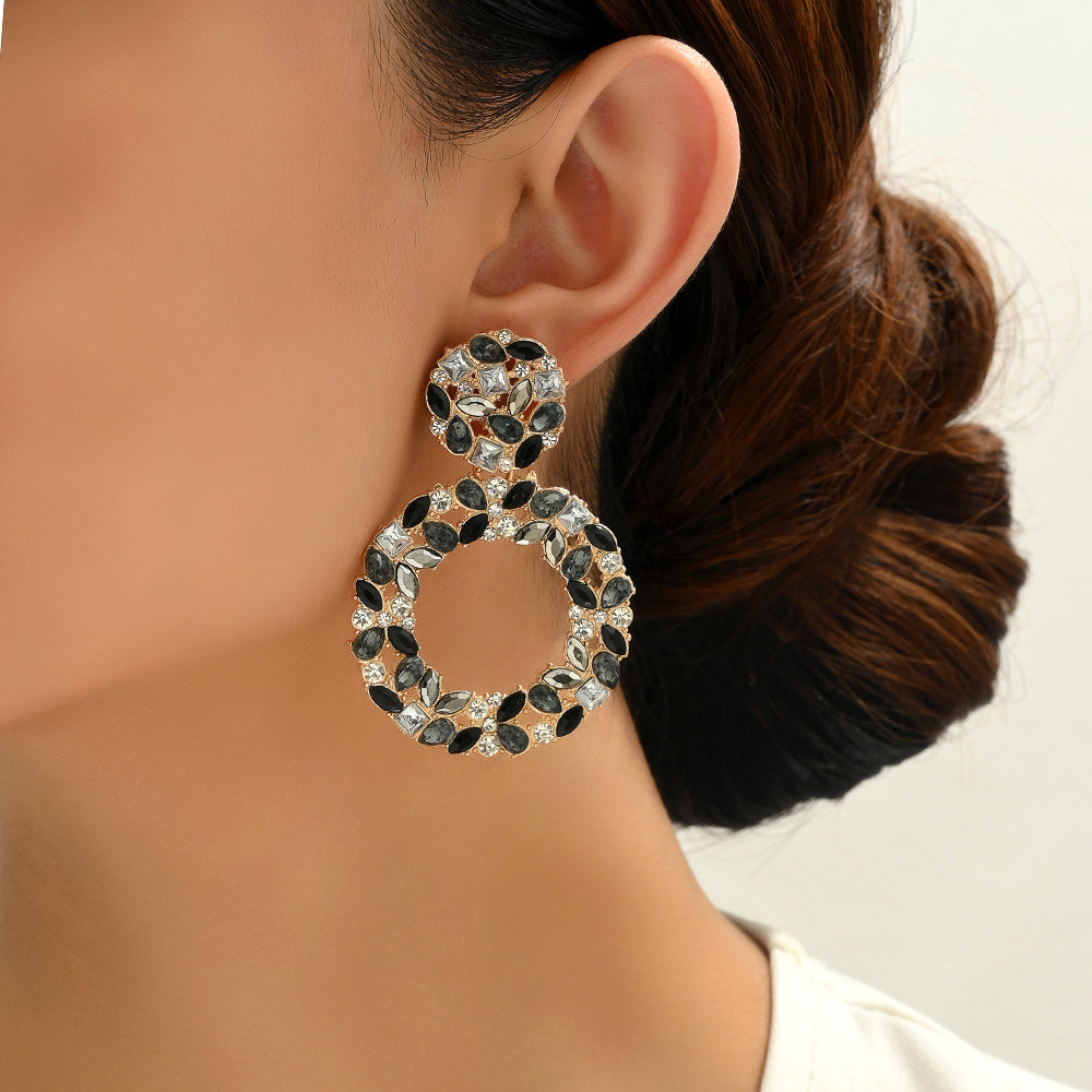 Luxury Elegant Two Tier Full Rhinestone Hollow Circle Statement Dangle Earrings For Women Party Prom Wedding Evening Daily Wear
