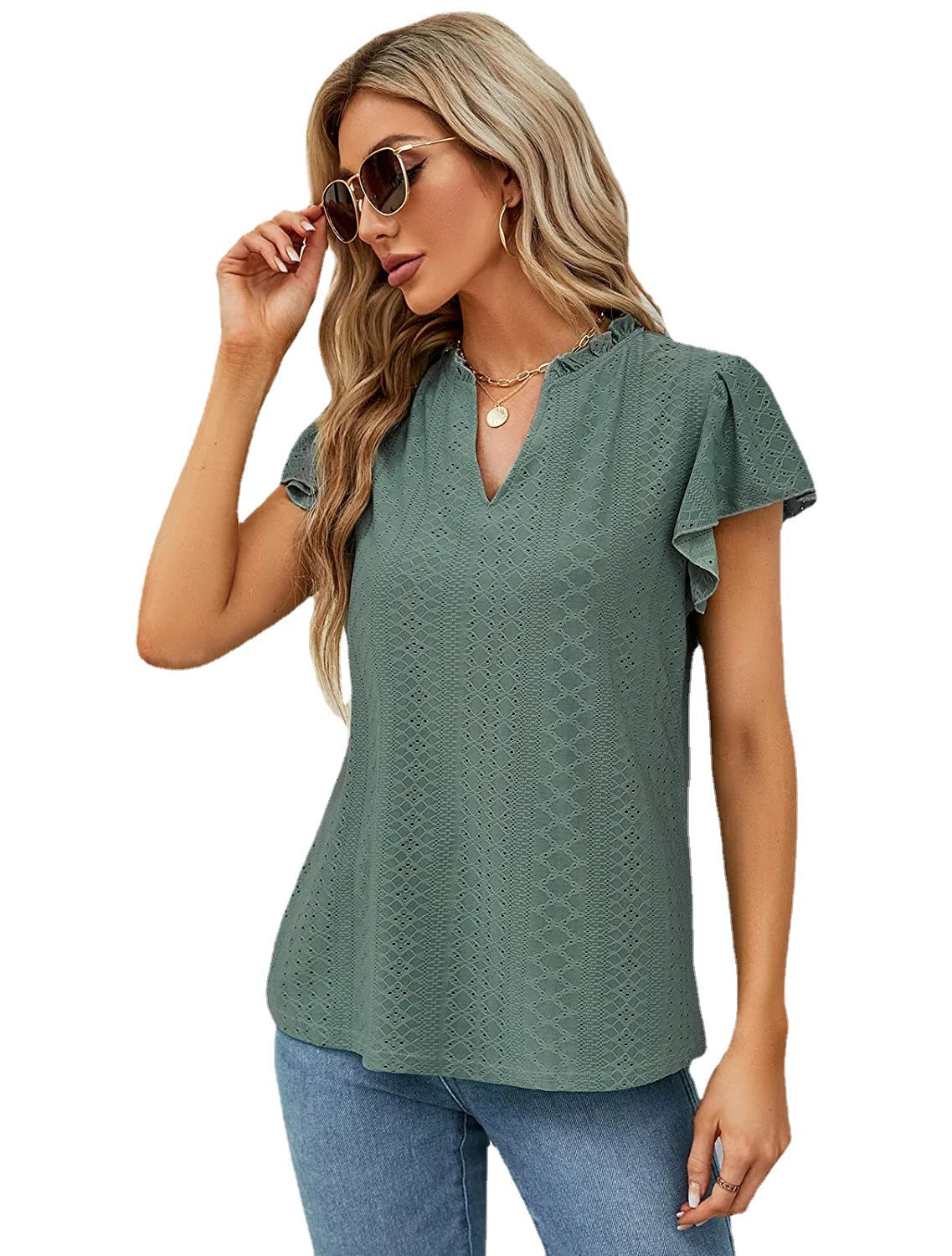 Women’s V-Neck Ruffled Short Sleeve Top in 6 Colors S-2XL - Wazzi's Wear