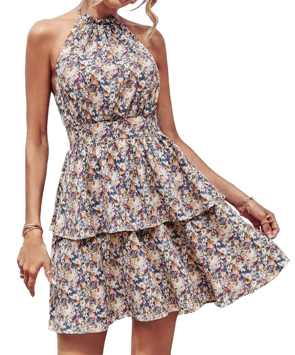 Women’s Floral Ruffled Halter Neck Summer Midi Dress in 6 Colors S-XXL