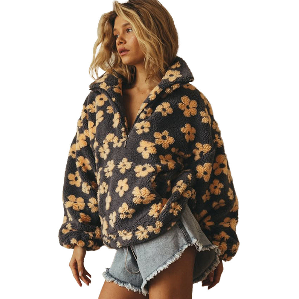 Winter Flowers Lambskin Sweatshirt With Big Pocket Casual Loose Zip-up Lapel Pullover Top Women's Clothing