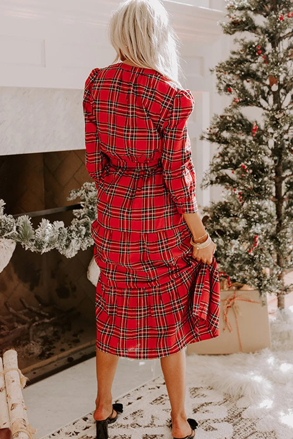 Red Christmas Plaid V-neck Dress