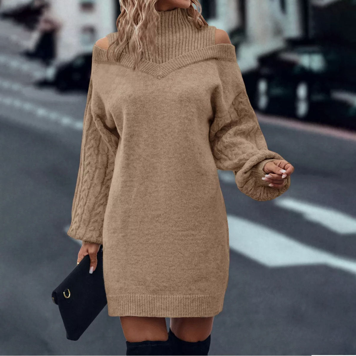 Loose Mid-length Sweater Half Turtleneck Off-the-shoulder Long Sleeve Knitted Dress