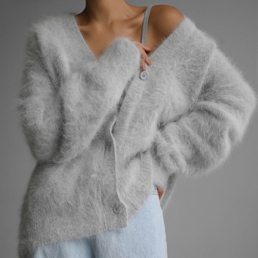 Women’s V-Neck Button-Up Fuzzy Cardigan