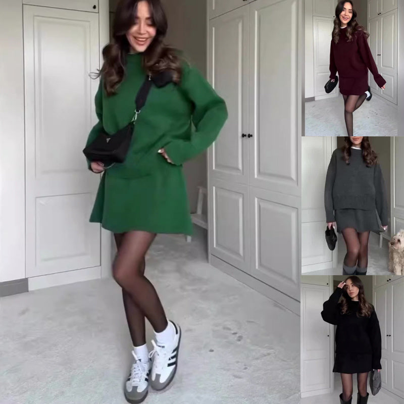 Women wearing versatile sweater skirt sets in green, dark red, gray, and black casual long sleeve knit pullover with high waist mini skirt outfits