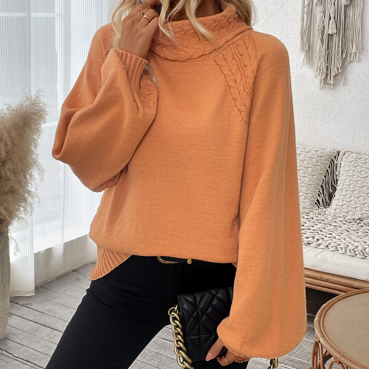 Women’s Orange Twist Weave Bubble Sleeve Turtleneck Sweater