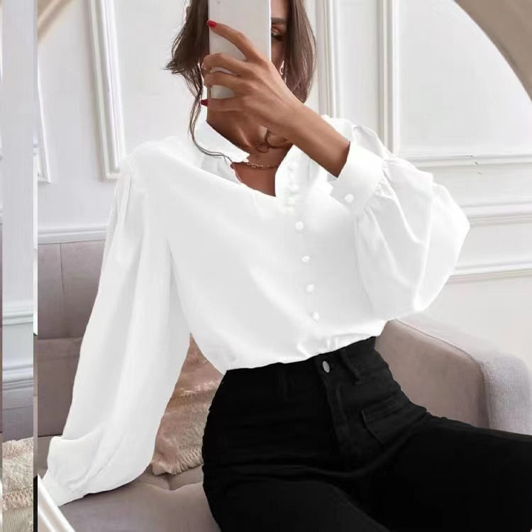 Women’s Mock Neck Long Sleeve Blouse with Pleated Collar