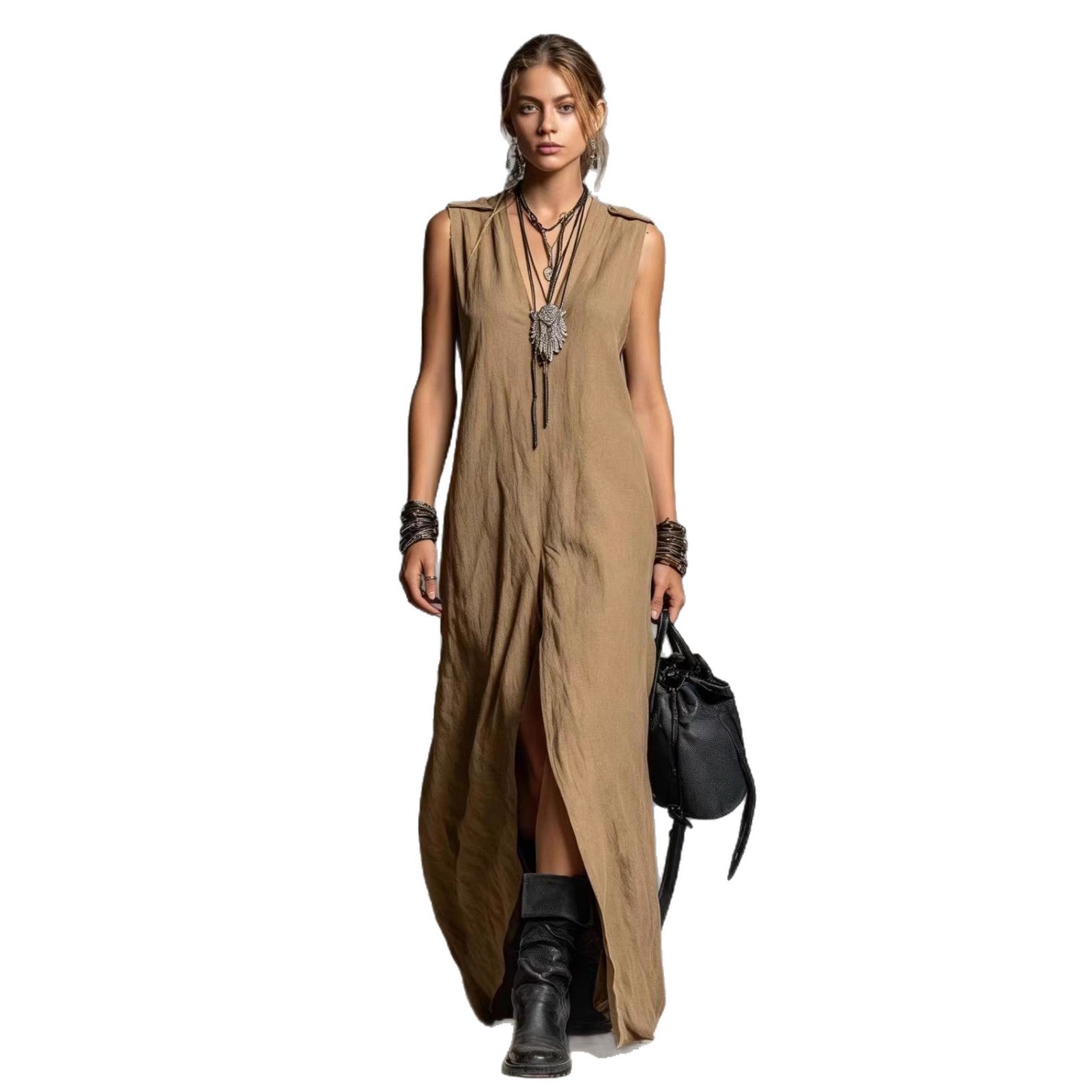 Womens Split Long Sleeveless V-Neck Dress