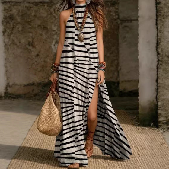 Loose-fit Printed Halterneck Split Dress