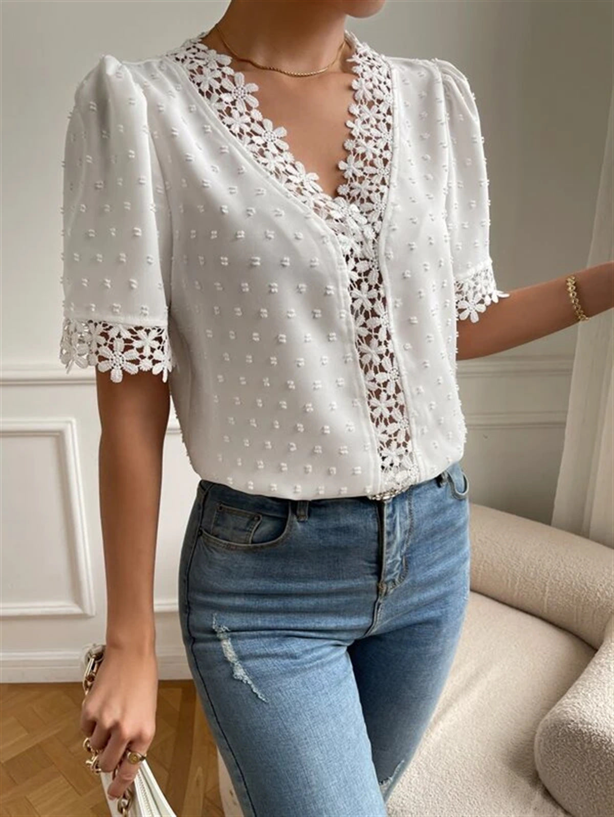 Women's V-Neck Short Sleeve Blouse with Lace