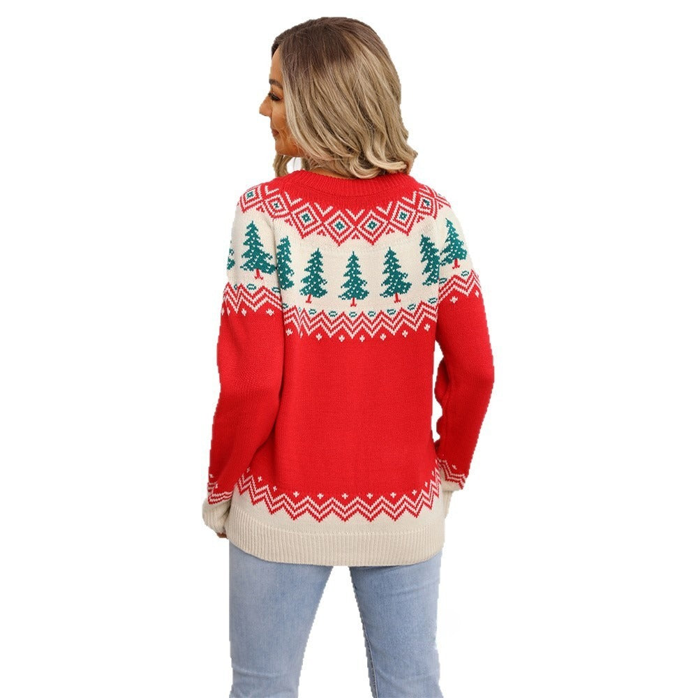 Casual Loose Jacquard Women's Christmas Tree Pullover Knitted Sweater