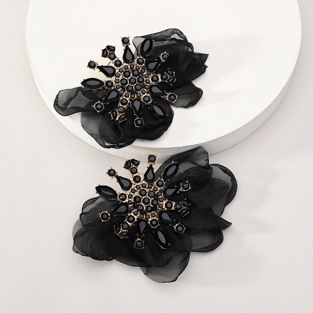 Rhinestone Chiffon Flower Stud Earrings For Women Colorful Crystal Bohemian Statement Jewelry For Party Prom Summer Beach Vacation