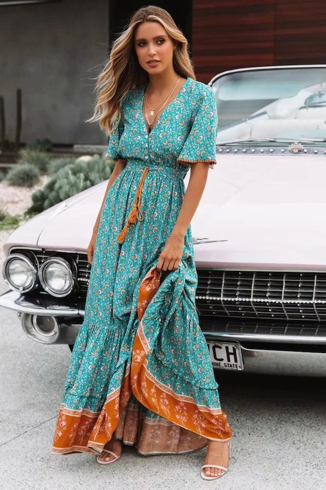 Women’s Bohemian V-Neck Short Sleeve Maxi Dress in 3 Colors S-2XL - Wazzi's Wear