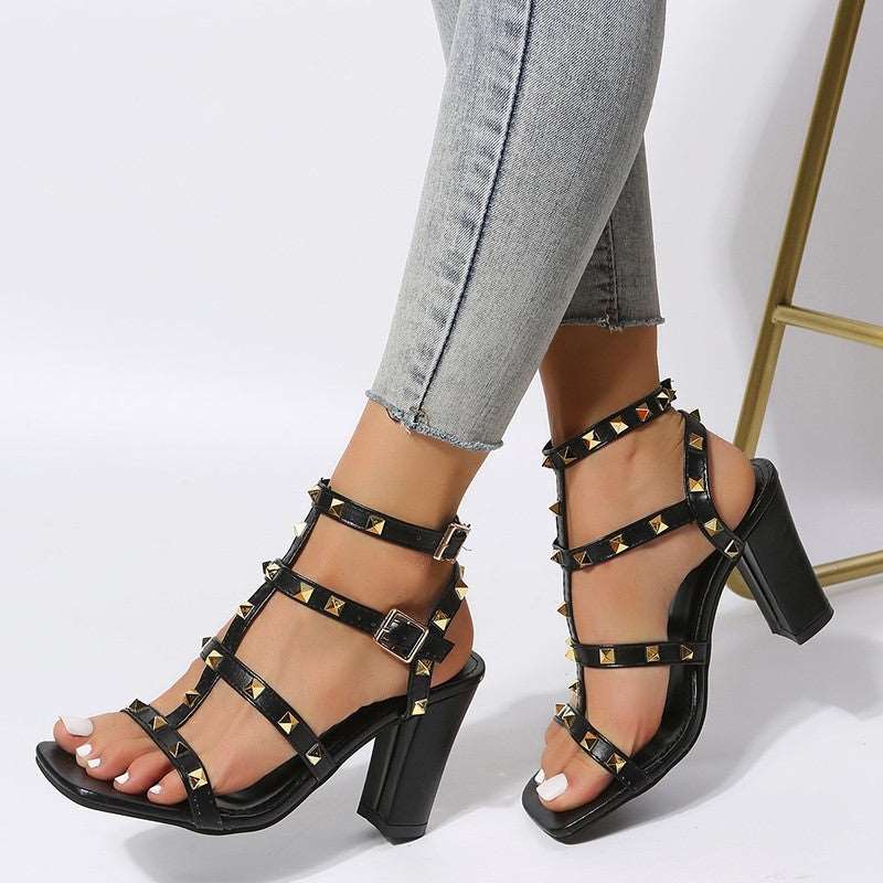 Women’s High Heel Rivet Sandals with Buckle Strap and Square Toes in 2 Colors - Wazzi's Wear