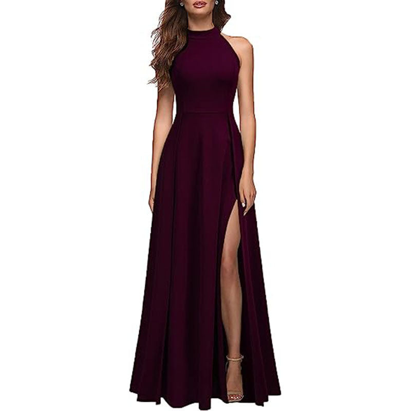 Women’s Solid Colour Halter Neck Evening Gown with Leg Slit