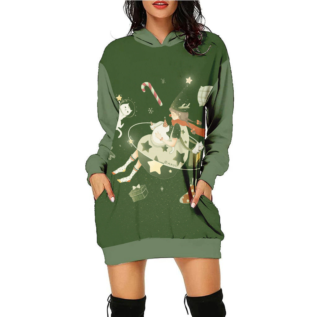 Women's Fashion Casual Printing Christmas Holiday Party Sweater Dress