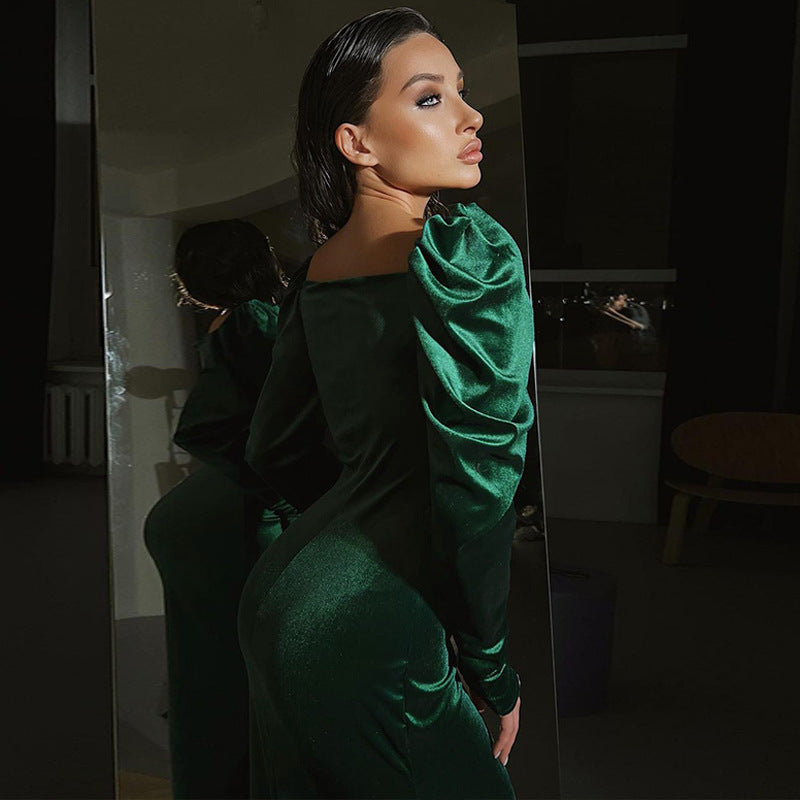 women's pleated slim fit green velvet long-sleeve dress with slit and mid-length skirt
