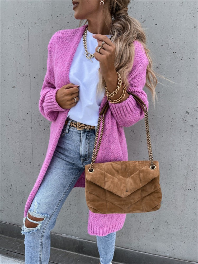 Women’s Solid Color Long Sleeve Knee-Length Knit Cardigan