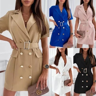 Women’s Short Sleeve Suit Dress with Belt and Pockets  in 5 Colors S-2XL - Wazzi's Wear