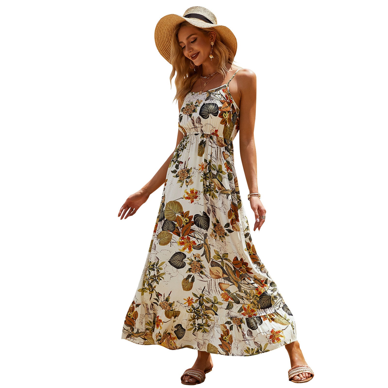 Women's Holiday Style Dress Fashion Print Suspender Dress