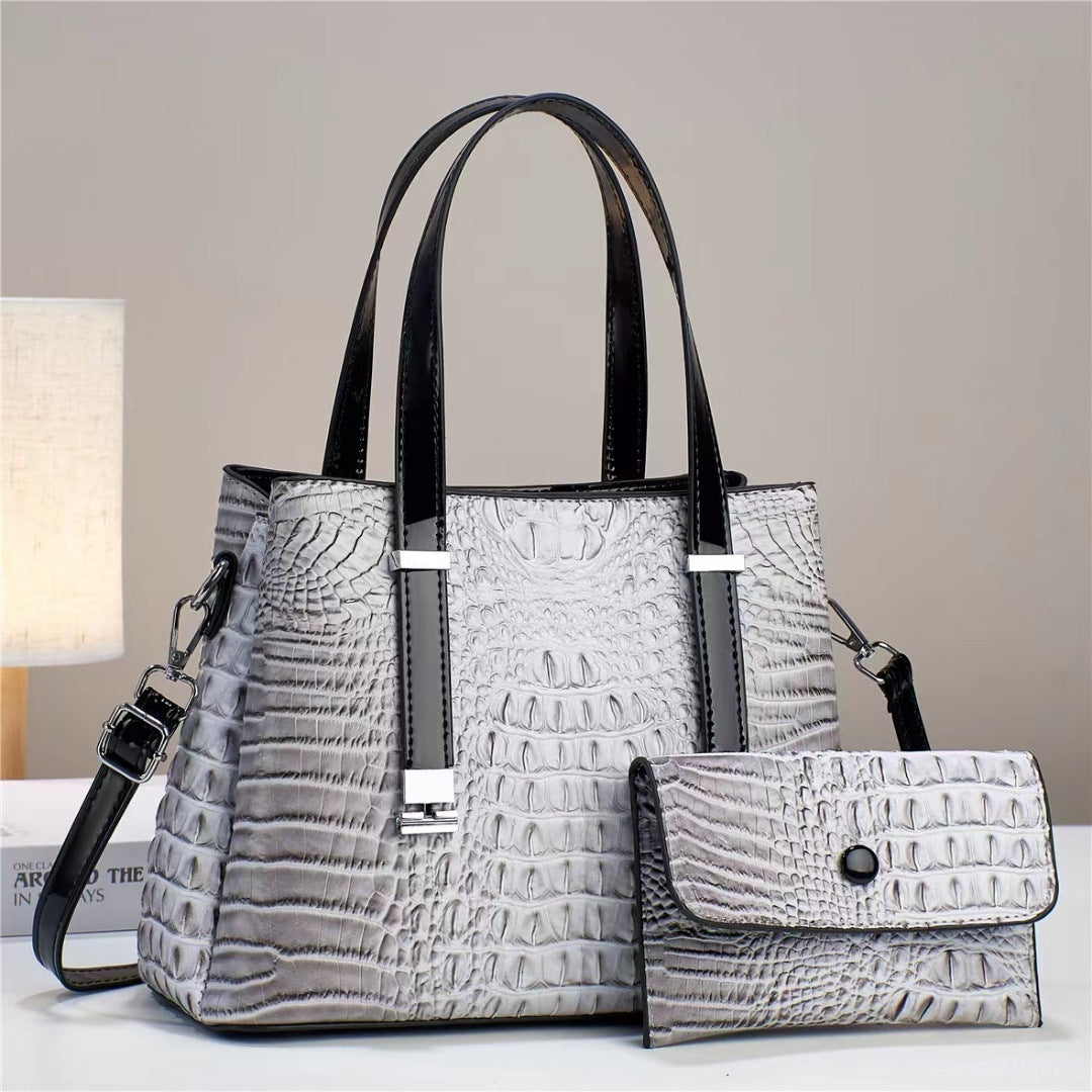 Women's Crocodile Print Shoulder Bag with Matching Clutch Set