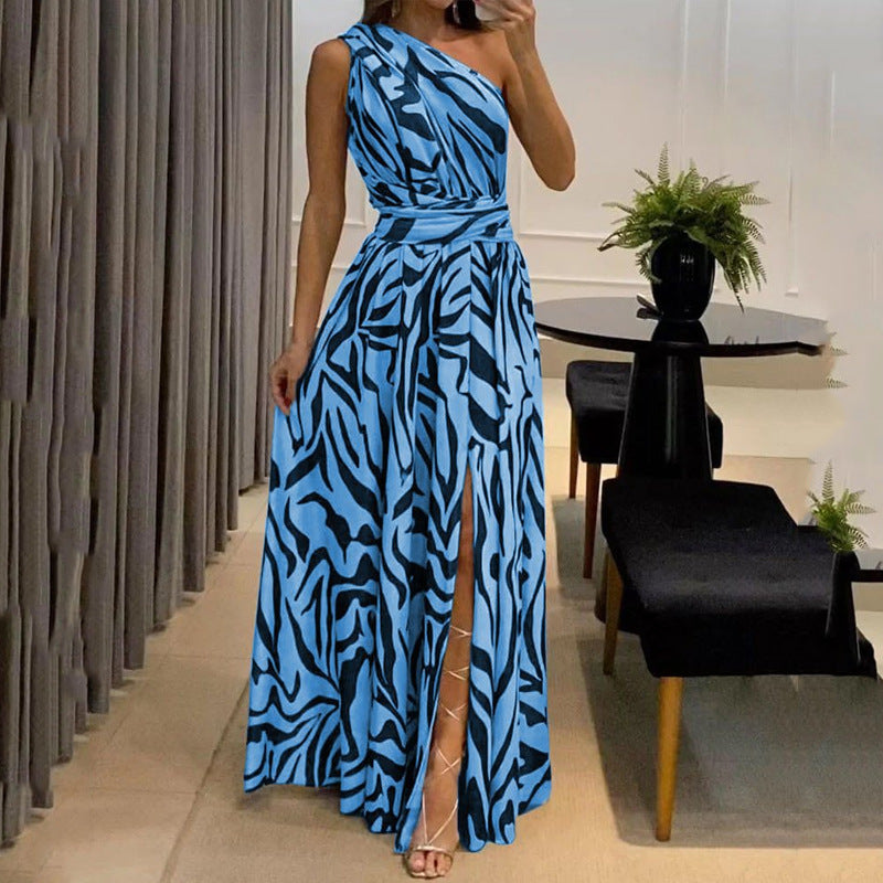 Women's One Shoulder Sleeveless Printed Maxi Dress in 3 Colors S-XXL - Wazzi's Wear