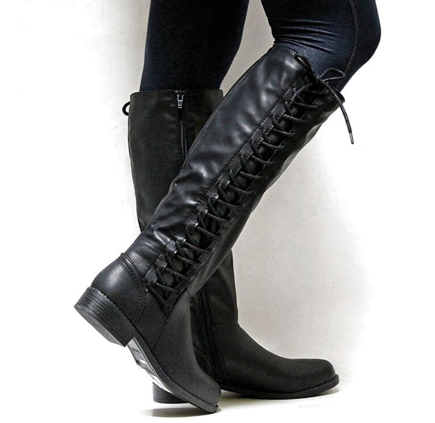 Women’s Lace Up Knee High Boots with Side Zipper in 3 Colors - Wazzi's Wear