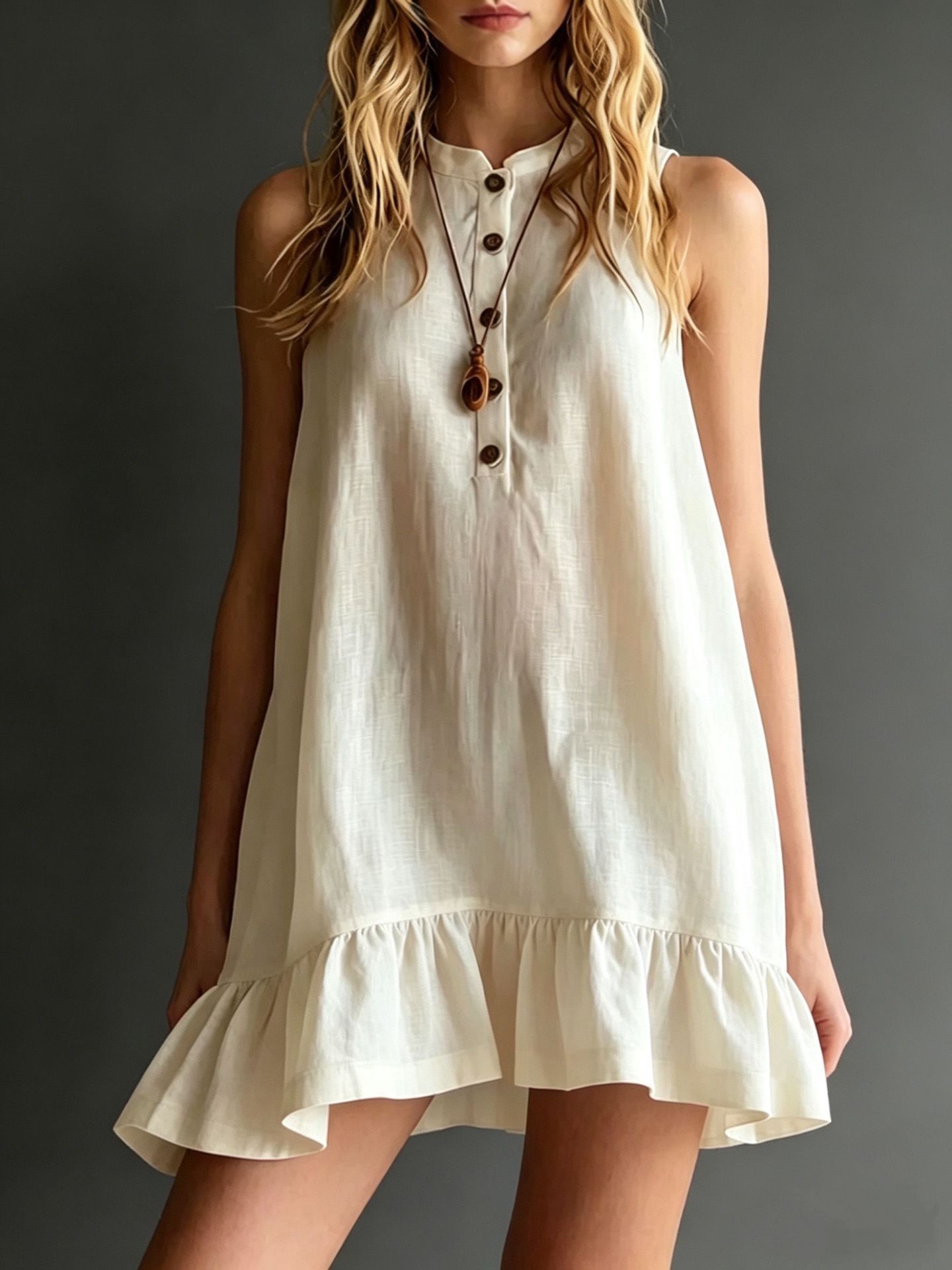 Cotton-Linen Solid-Color Stand Collar Sleeveless Ruffle-Trim Dress