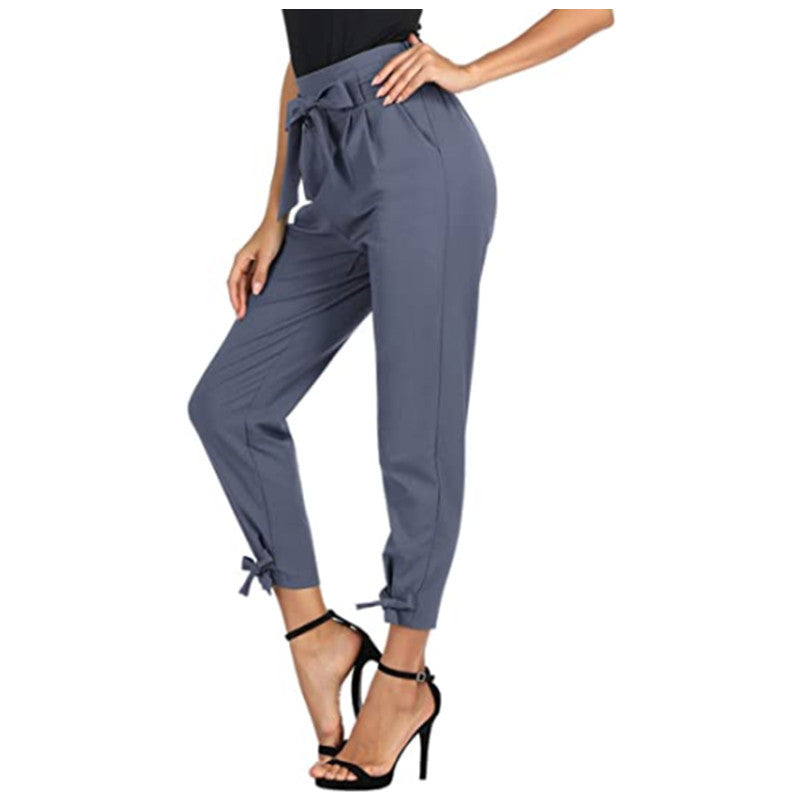 Women’s High Waisted Cuffed Pants with Pockets and Bows