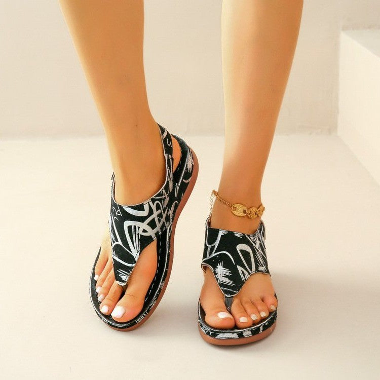 Women’s Printed Flat Heel Roman Sandals with Ankle Strap in 3 Patterns