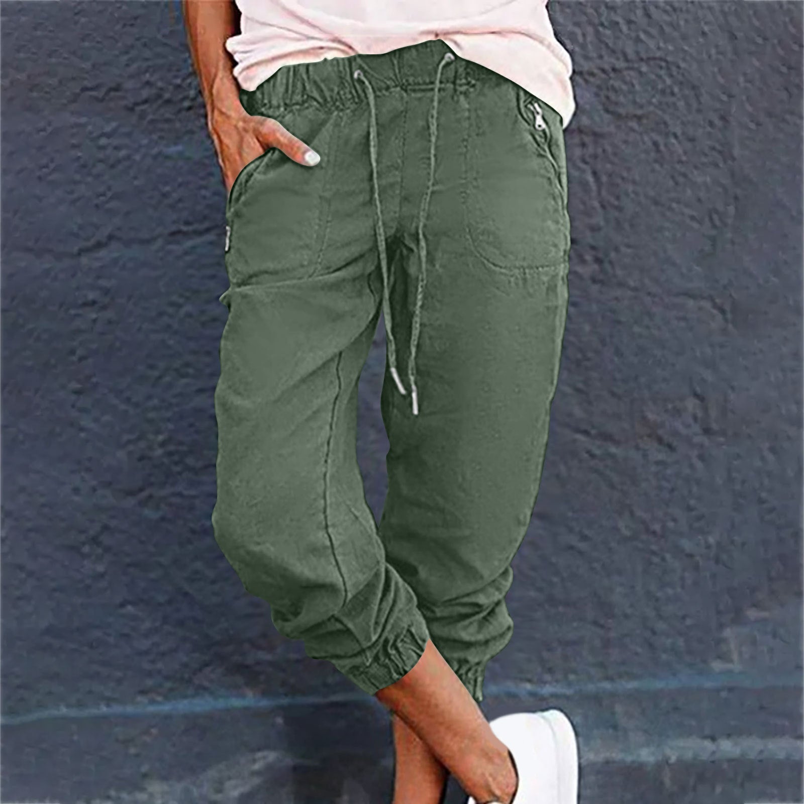 Women's Casual Cropped Pants with Zipper Pockets