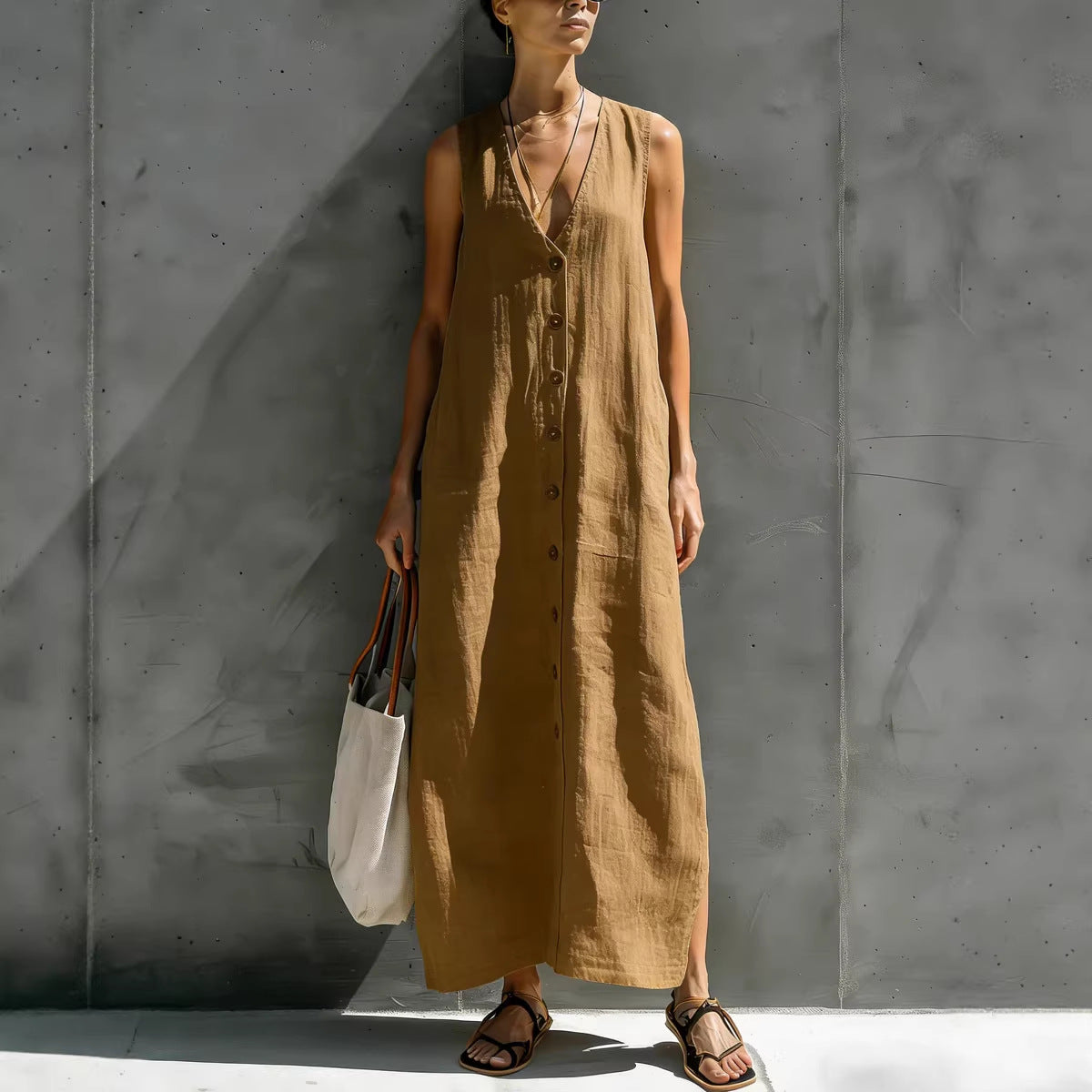 Womens Simple Cotton-Linen V-Neck Buttoned Sleeveless Loose Long Dress