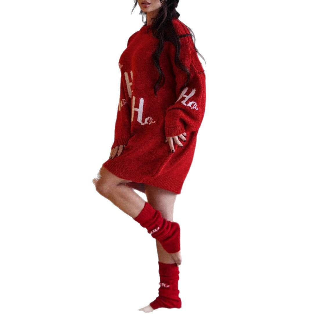 Christmas Jacquard Elegant Knitted Round Neck Sweater Dress