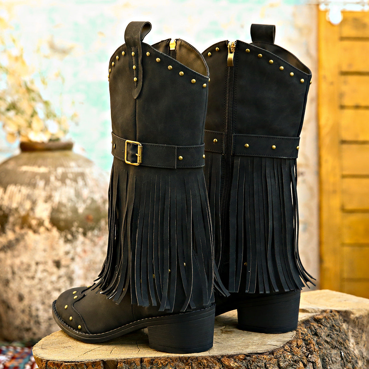 Women’s Mid-Calf Cowboy Boots with Tassels in 2 Colors - Wazzi's Wear