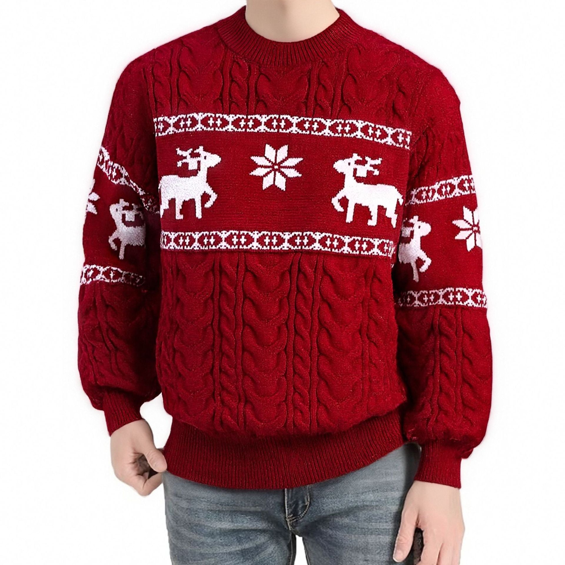 Men's red round neck sweater with white reindeer and snowflake pattern knitwear