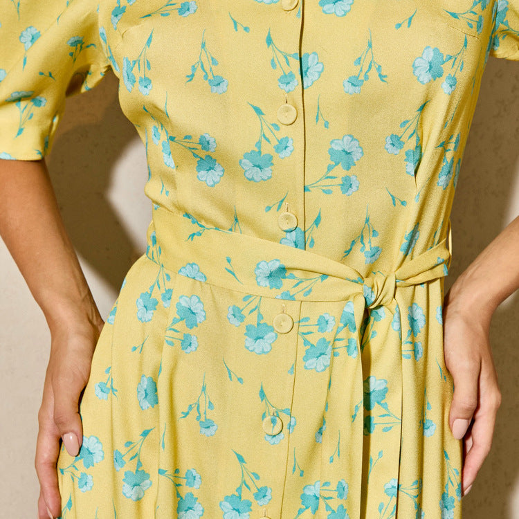 Yellow Floral Print Button-Front Mermaid Maxi Dress