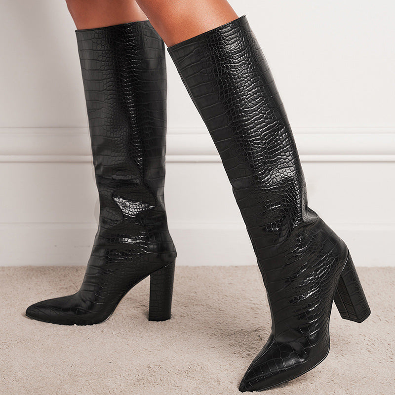 Women’s Pointed Toe Block Heel Black Knee High Boots