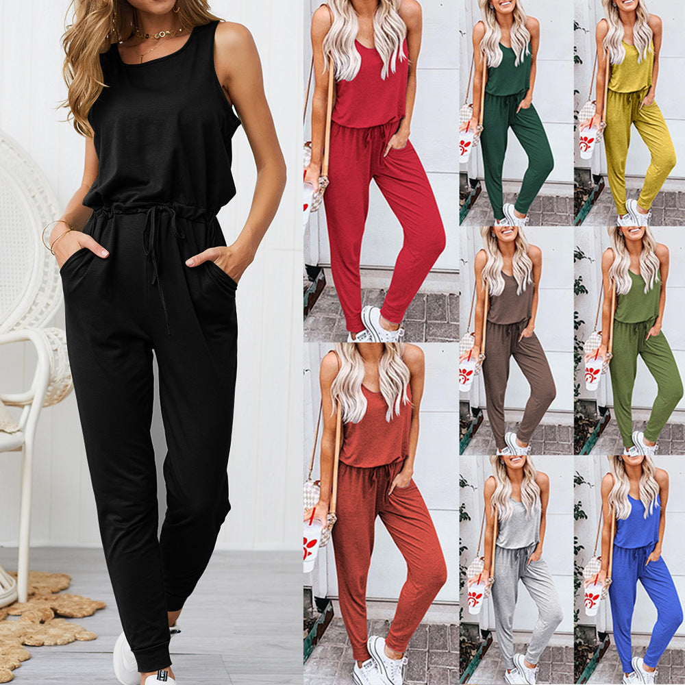 Women's Sleeveless Jumpsuit with Waist Tie and Pockets