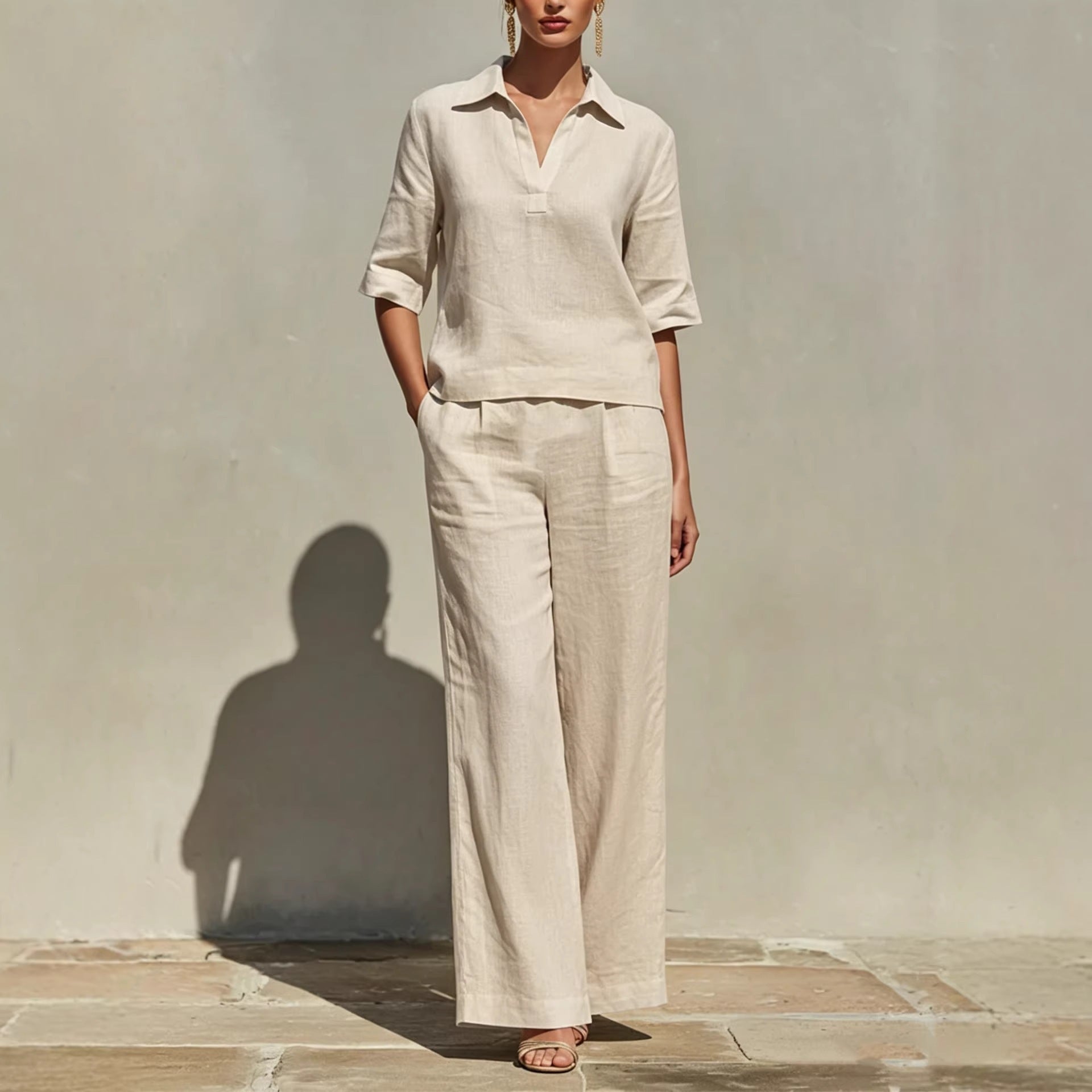 Women's Solid-Colored Casual Linen Two-Piece Set