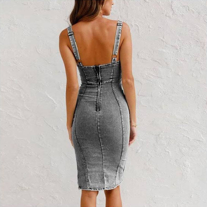 Robe midi en jean sans manches coupe ajustée pour femme en 2 couleurs S-2XL