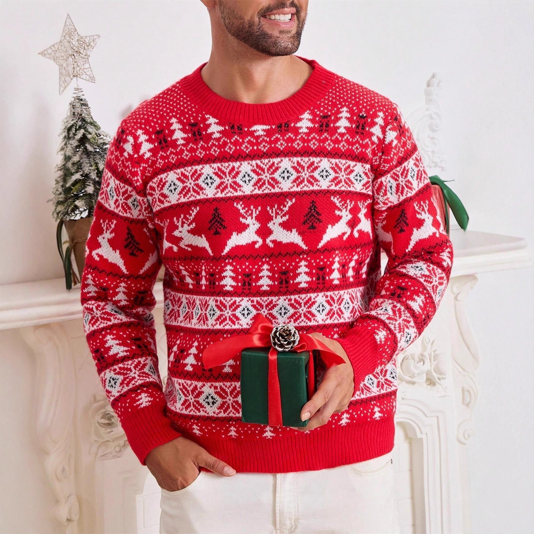 Men's red Christmas sweater with reindeer and tree jacquard knit pattern, round neck and long sleeves