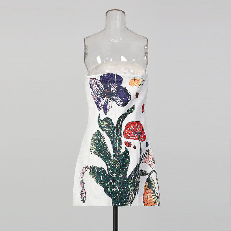 Strapless High-waisted Figure-hugging Printed Sheath Dress
