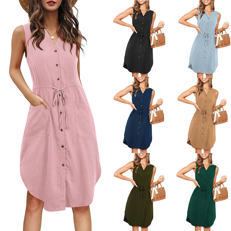 Women’s Sleeveless V-Neck Button Dress With Pockets in 7 Colors S-XXL - Wazzi's Wear