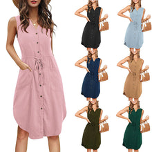 Load image into Gallery viewer, Women’s Sleeveless V-Neck Button Dress With Pockets in 7 Colors S-XXL - Wazzi&#39;s Wear