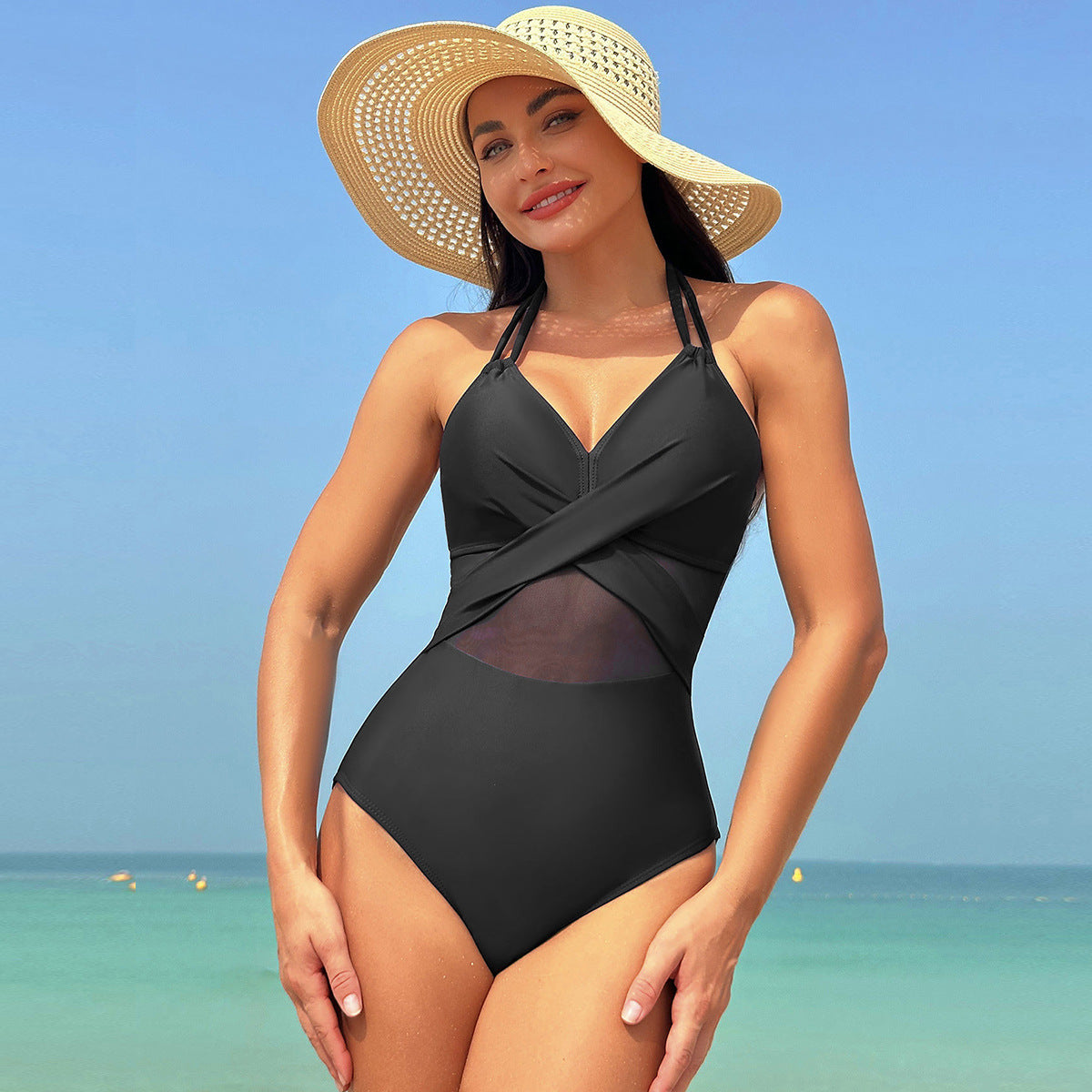 Women’s Halter Neck Cross-Strap One Piece Swimsuit