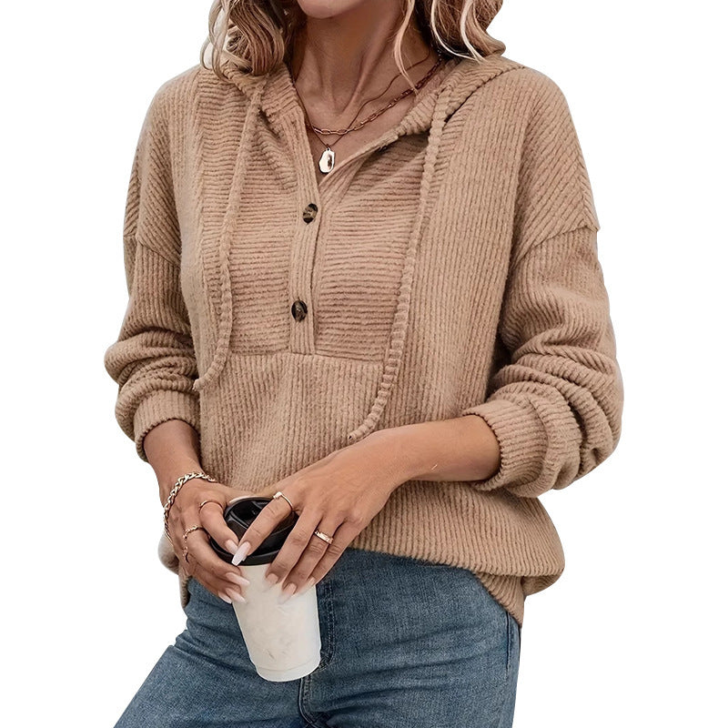 Fall Winter Hooded Sunken Stripe Long-sleeved Sweater