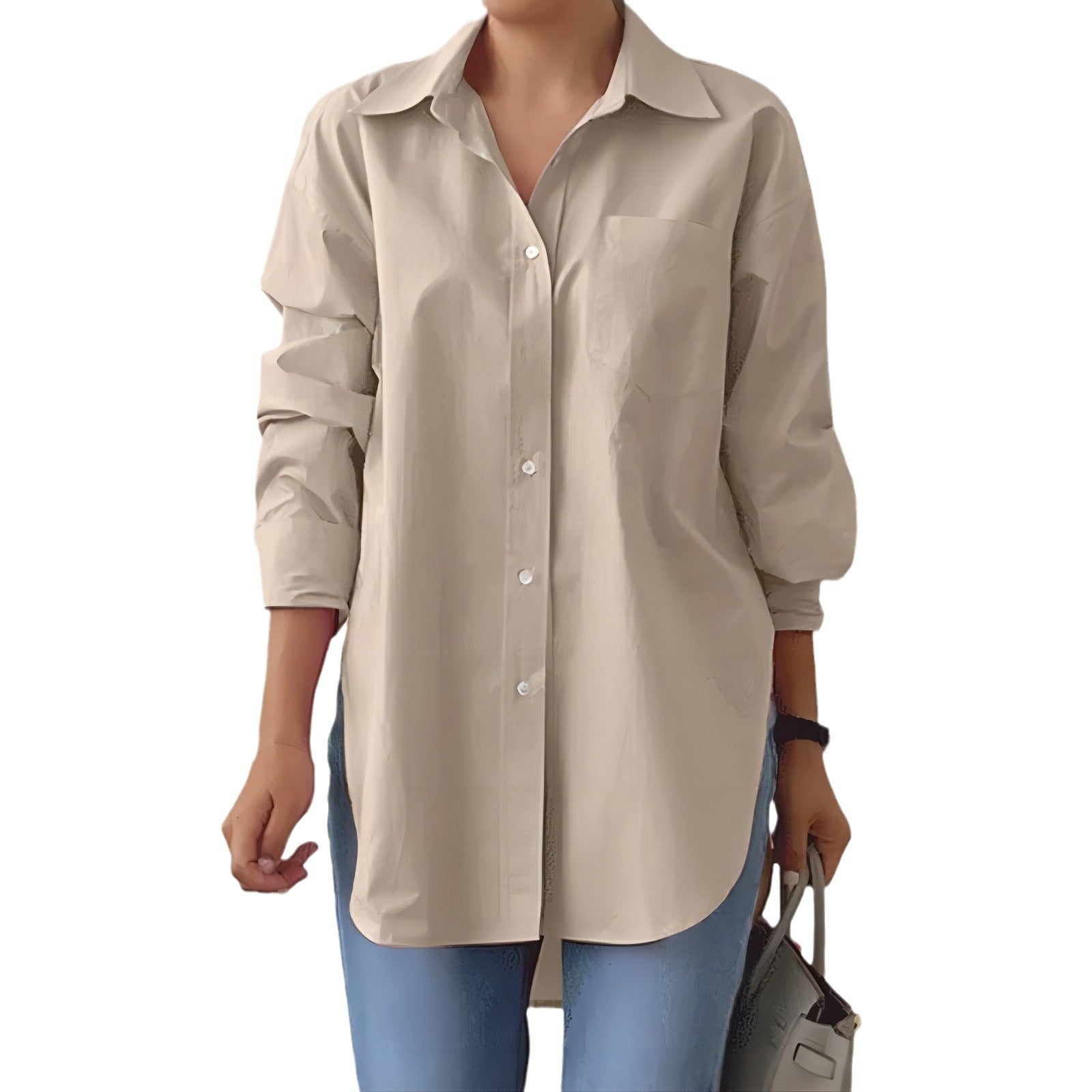 Solid-color Split-neck Long-sleeve Shirt