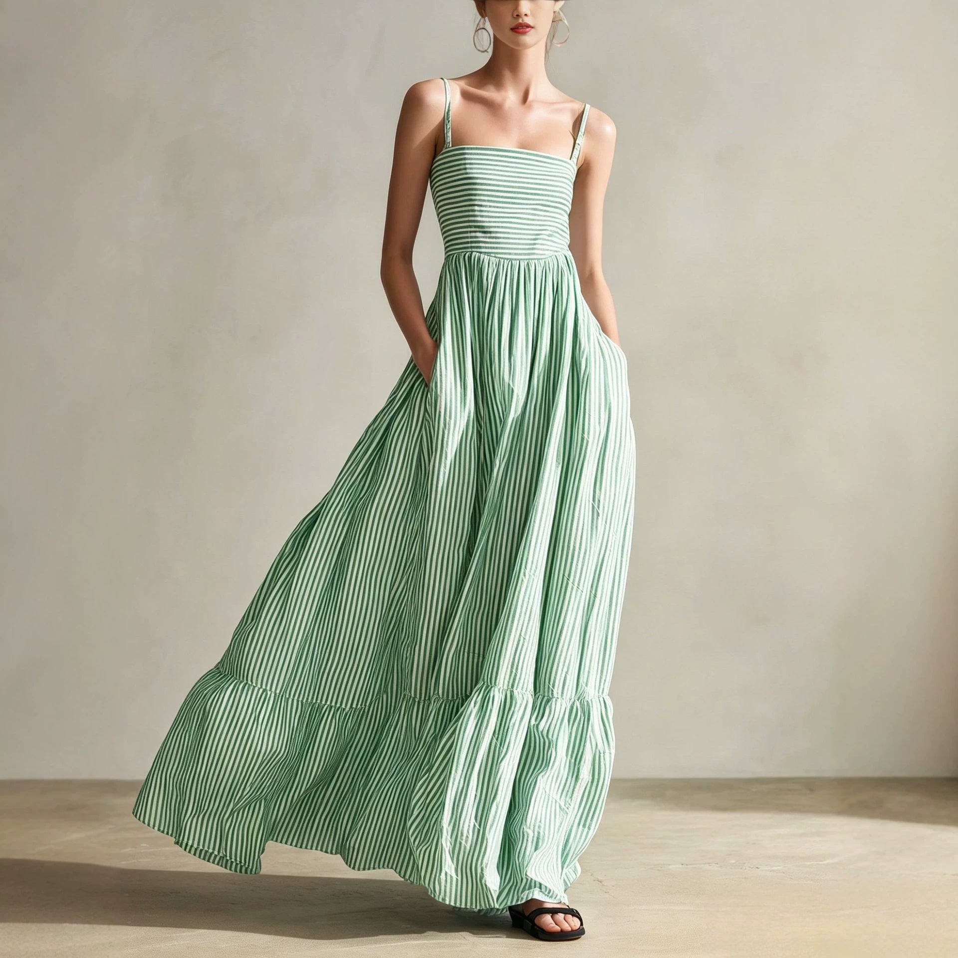 Striped Woven Sleeveless Long Dress With Thin Straps